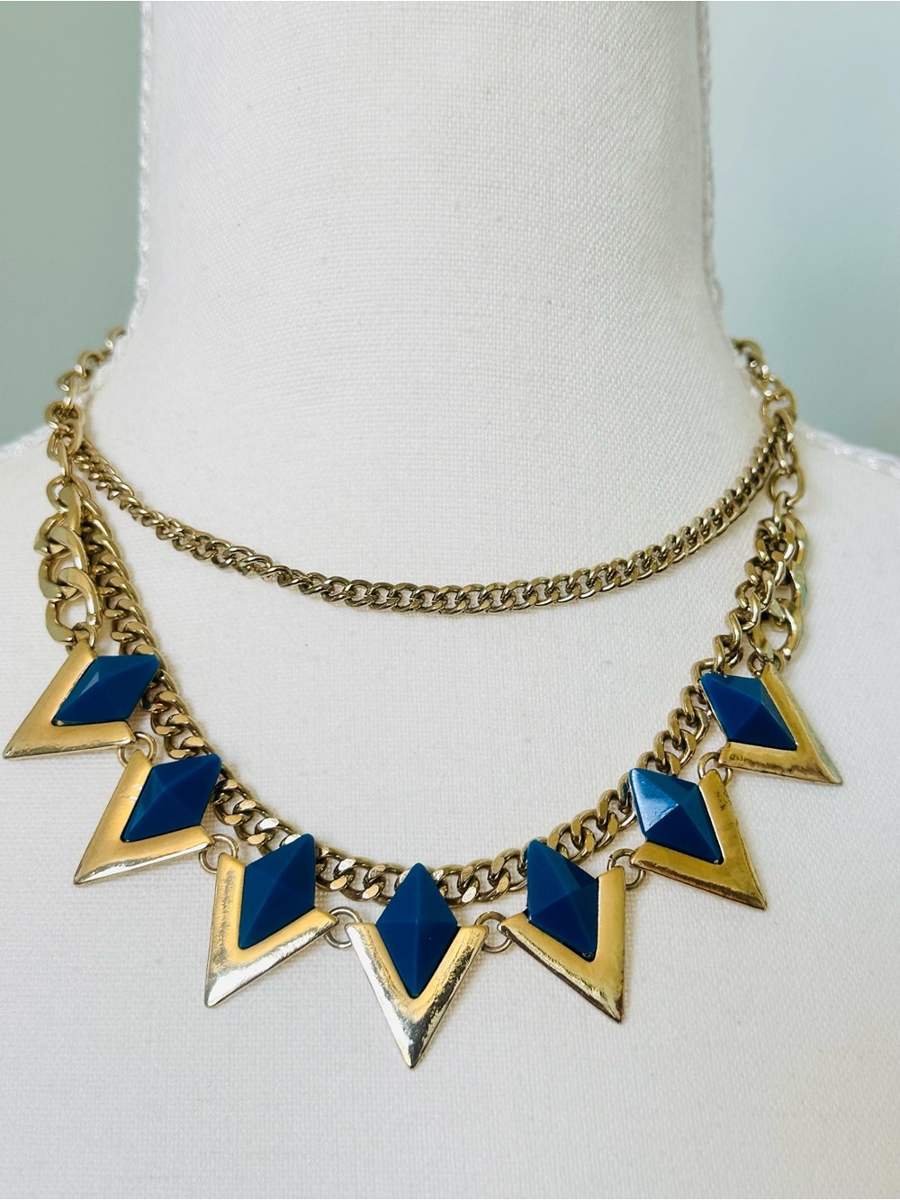 Blue Stone Layered Necklace Geometric Cleopatra Bib Style Gold-Tone